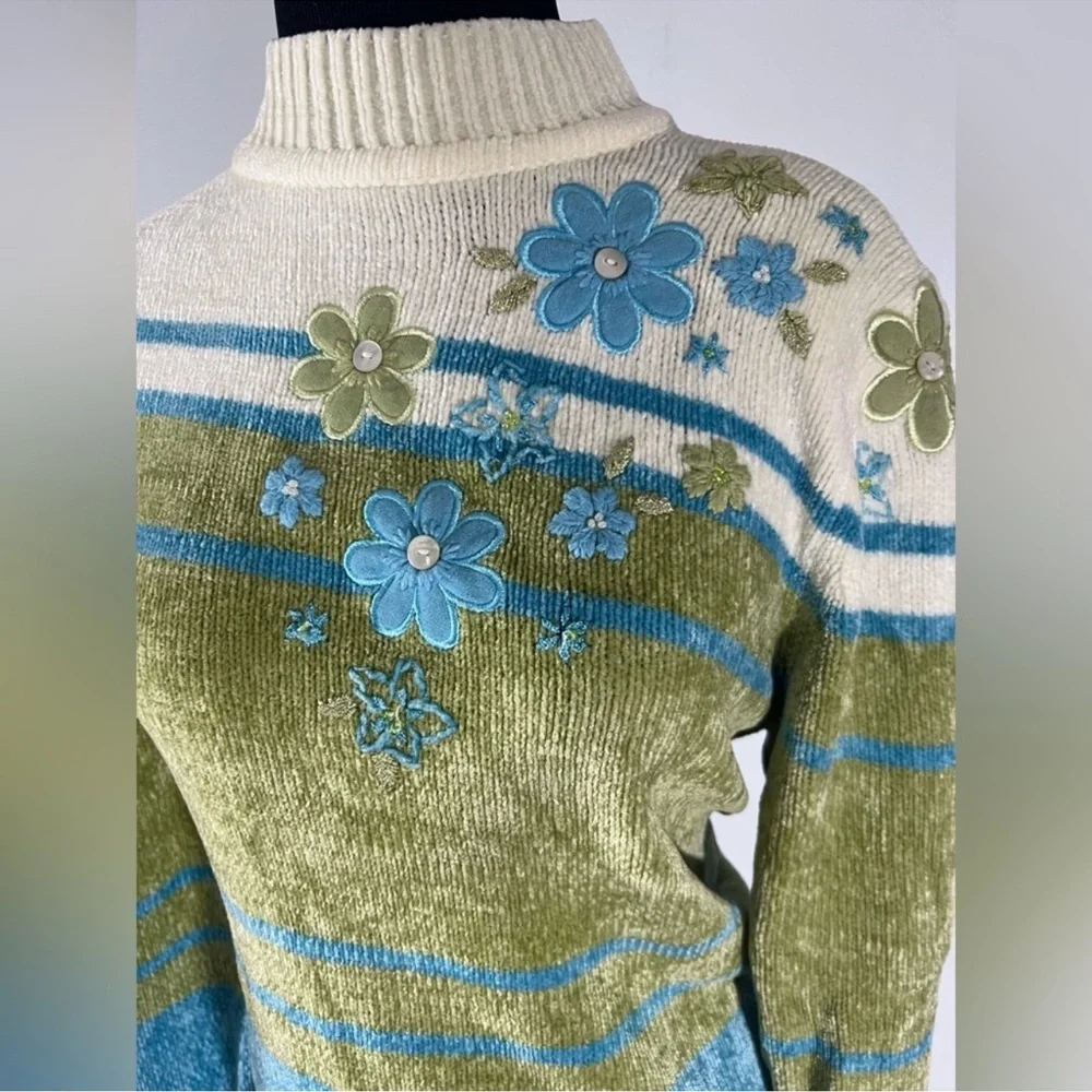 Alfred Dunner Floral Cowl Neck Sweater - Green, Blue, Cream - Picture 2 of 5